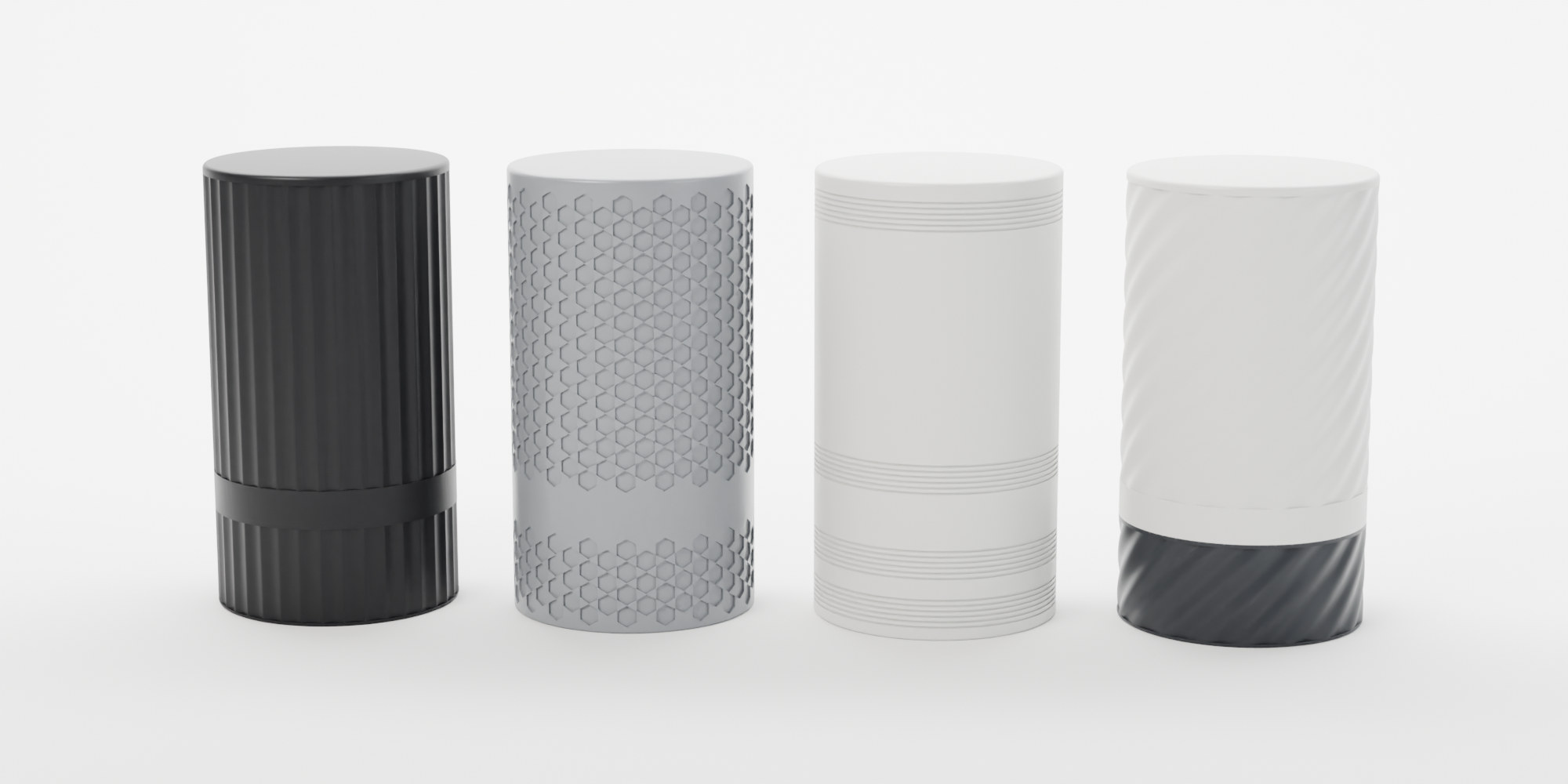 The four styles side by side: Flutes in black, Hexagon in grey, Smooth in white and Twist in two-tone