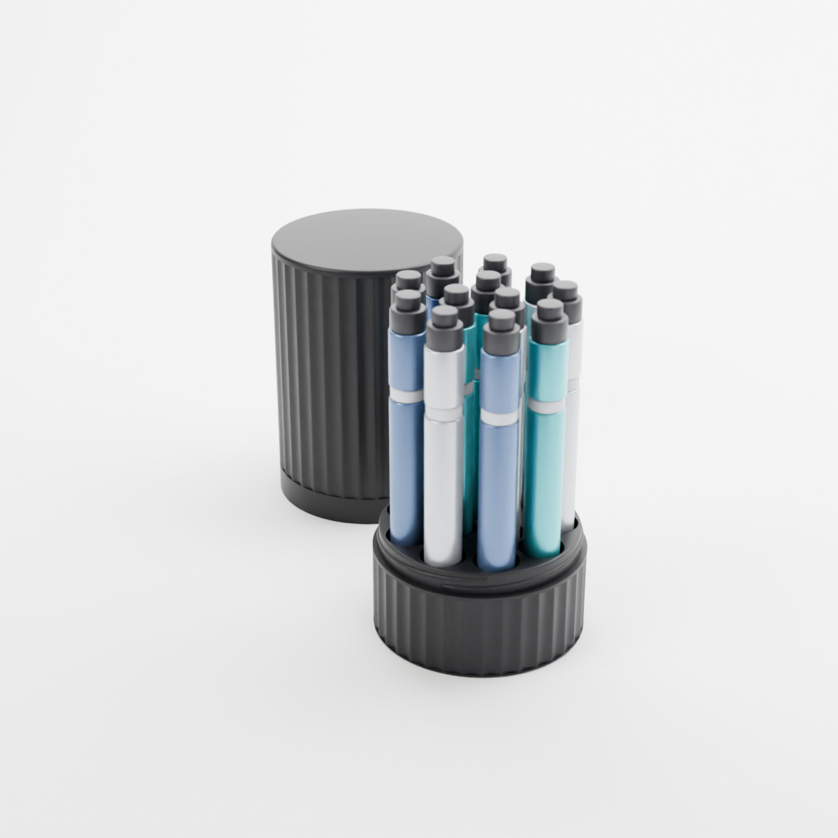 Flutes pen storage case in black with the cover off, holding 12 injection pens