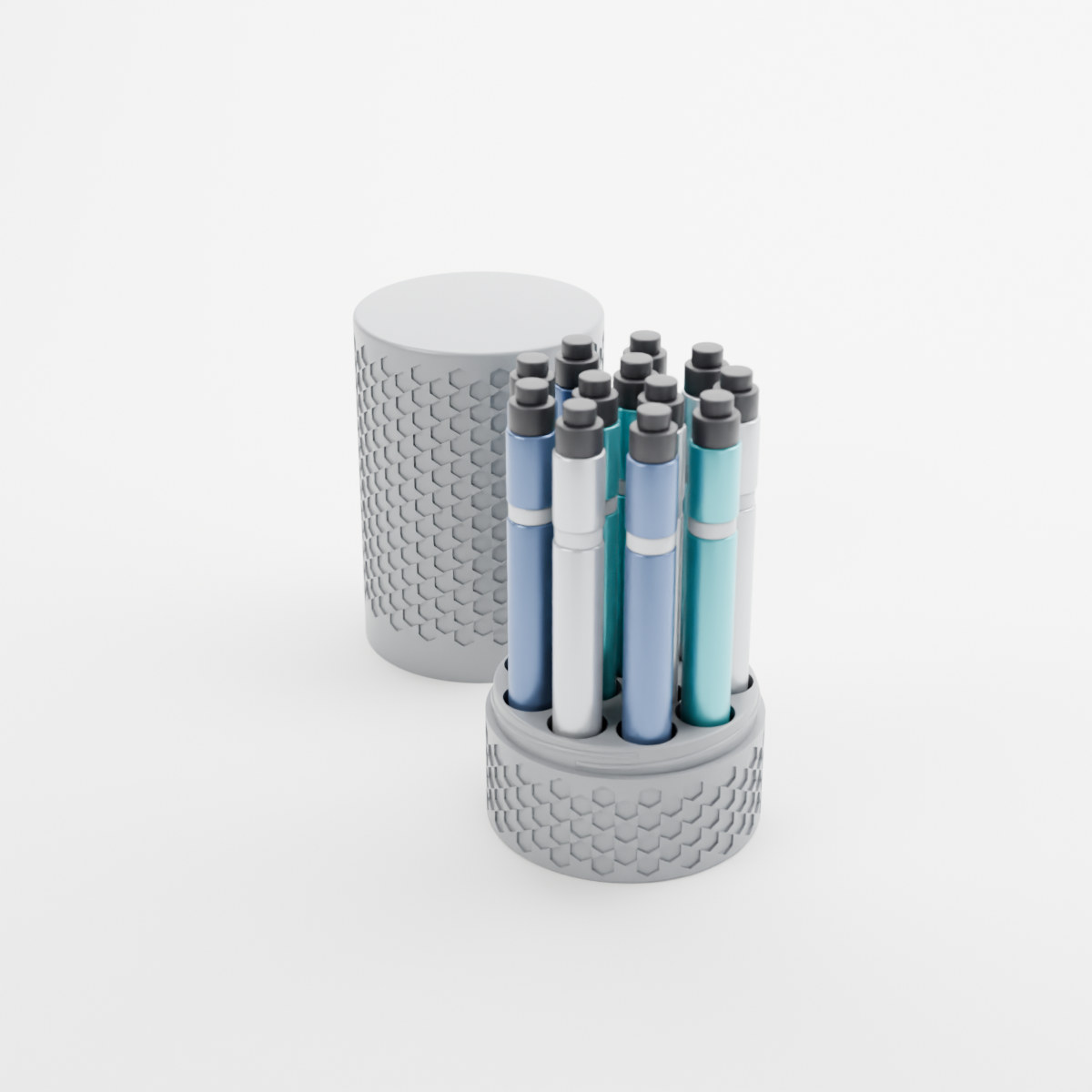 Hexagon pen storage case in grey with the cover off, holding 12 injection pens