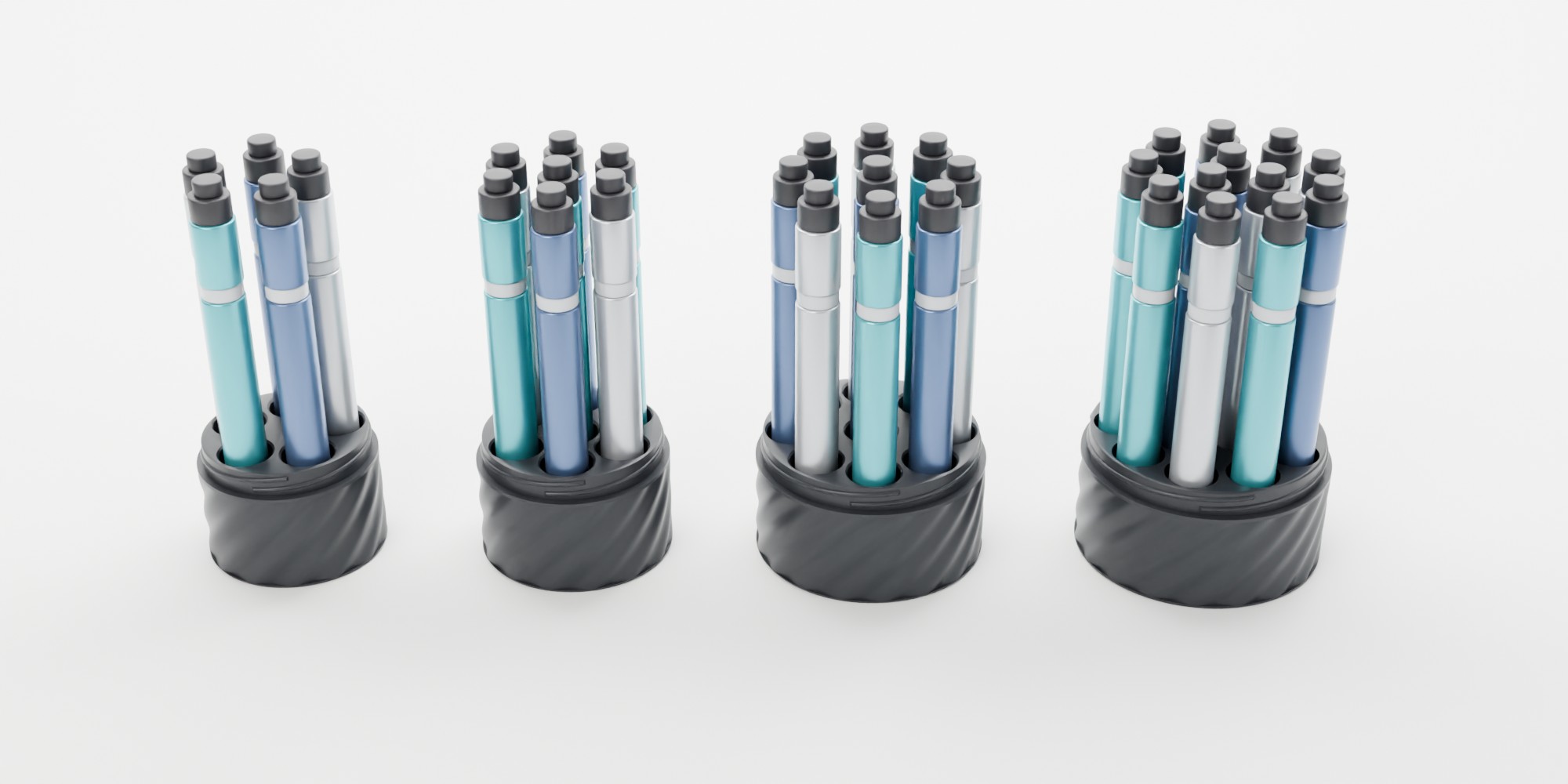 The four case sizes open, holding 5, 7, 9 and 12 pens