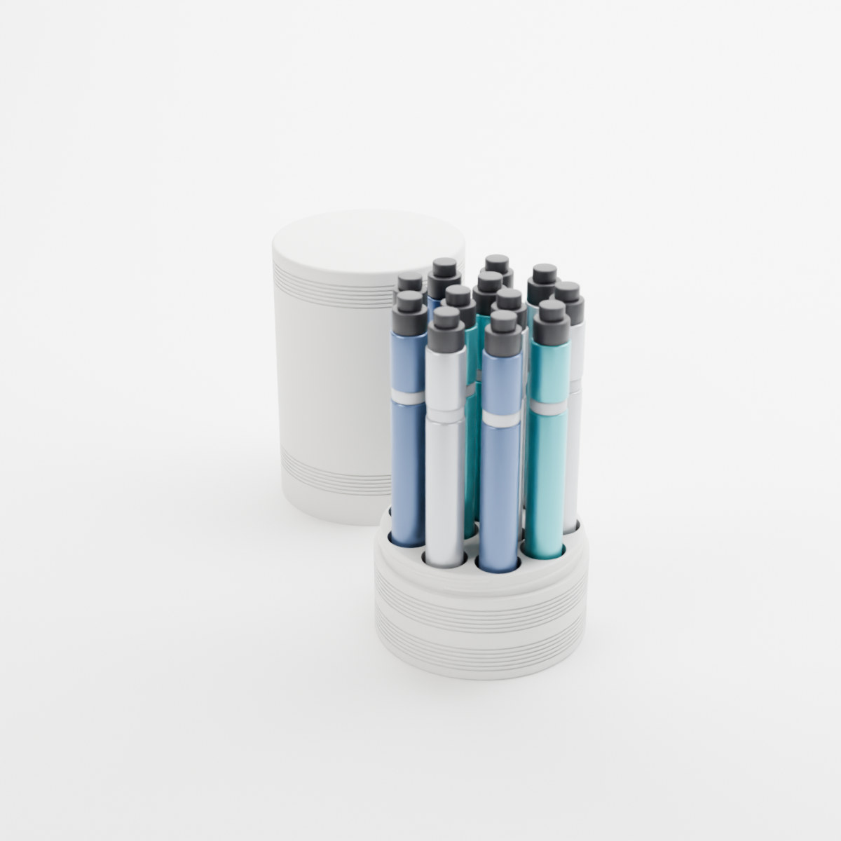 Smooth pen storage case in white with the cover off, holding 12 injection pens