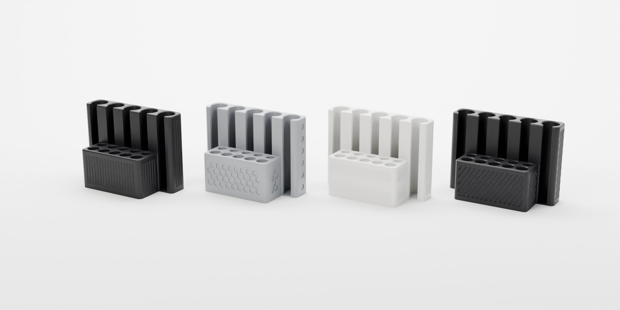 The four stand styles side by side: Flutes in black, Hexagon in grey, Smooth in white and Twist in black