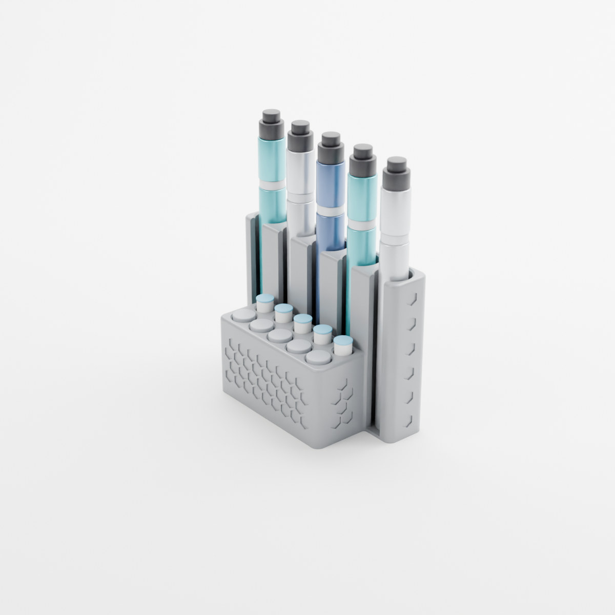 Hexagon desk stand in grey holding 5 injection pens and pen needles