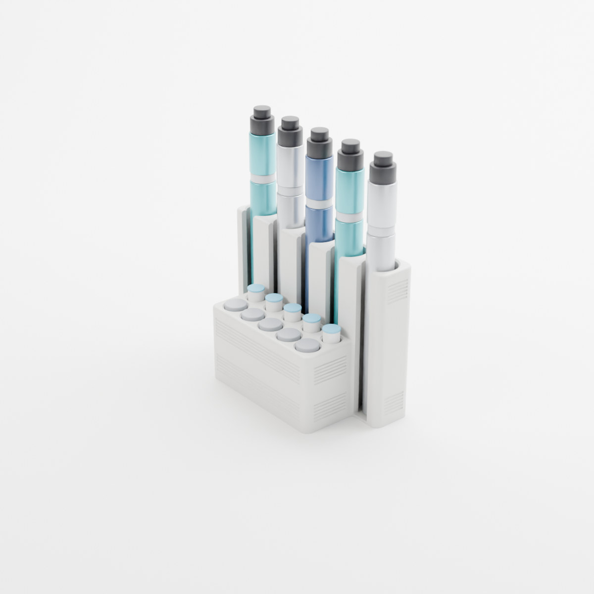 Smooth desk stand in white holding 5 injection pens and pen needles