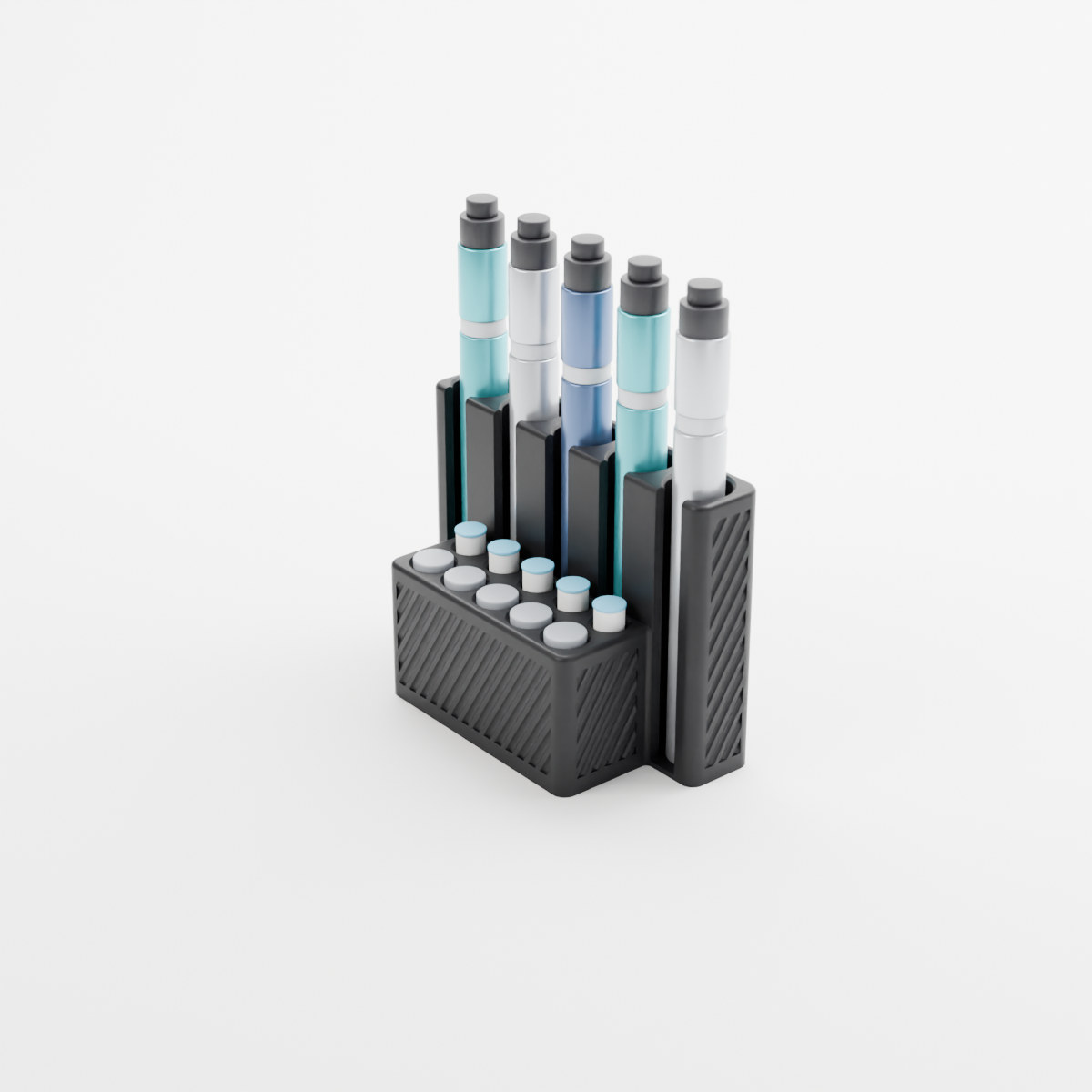 Twist desk stand in black holding 5 injection pens and pen needles