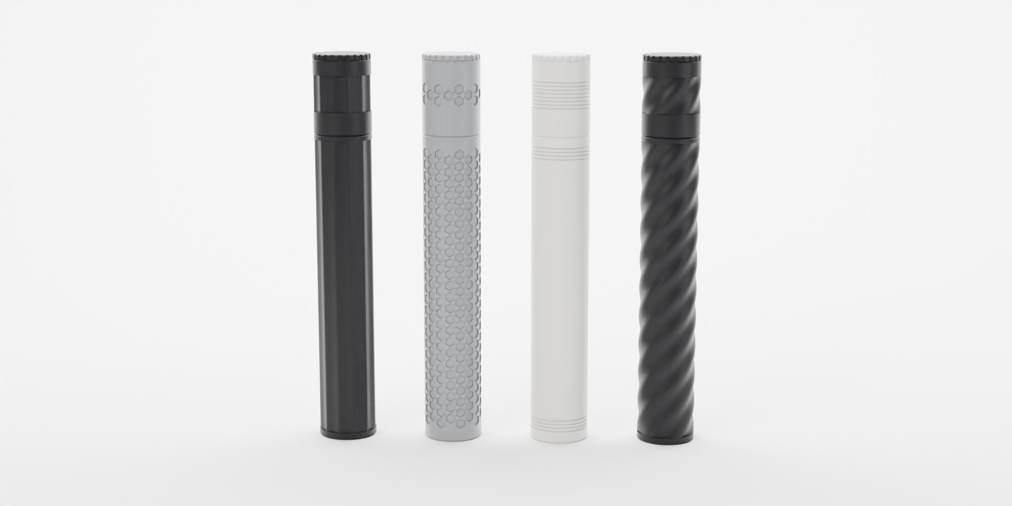 The four travel case styles side by side: Flutes in black, Hexagon in grey, Smooth in white and Twist in black