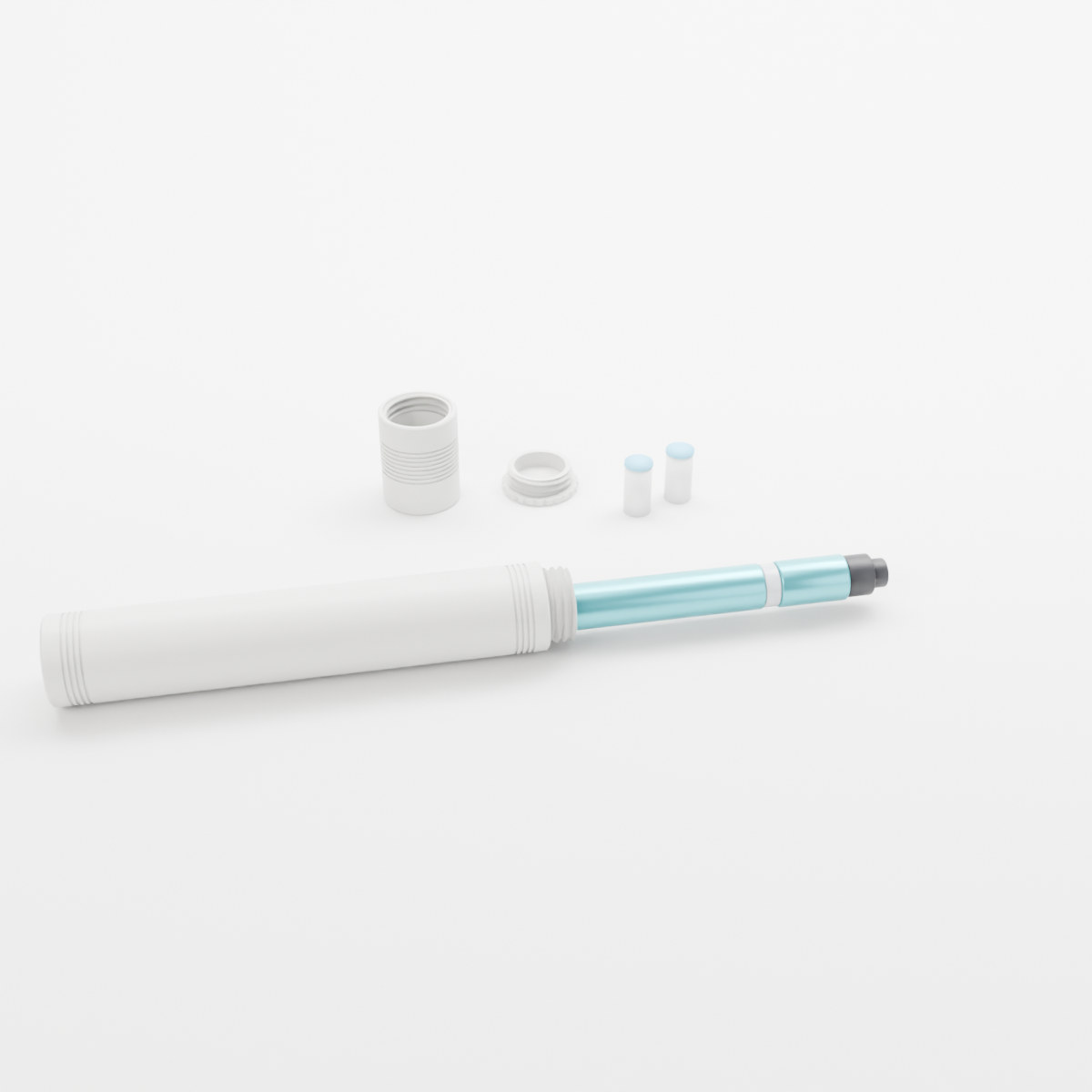 Smooth travel case in white, opened with a pen sliding out and the needle lid and spare needles beside it