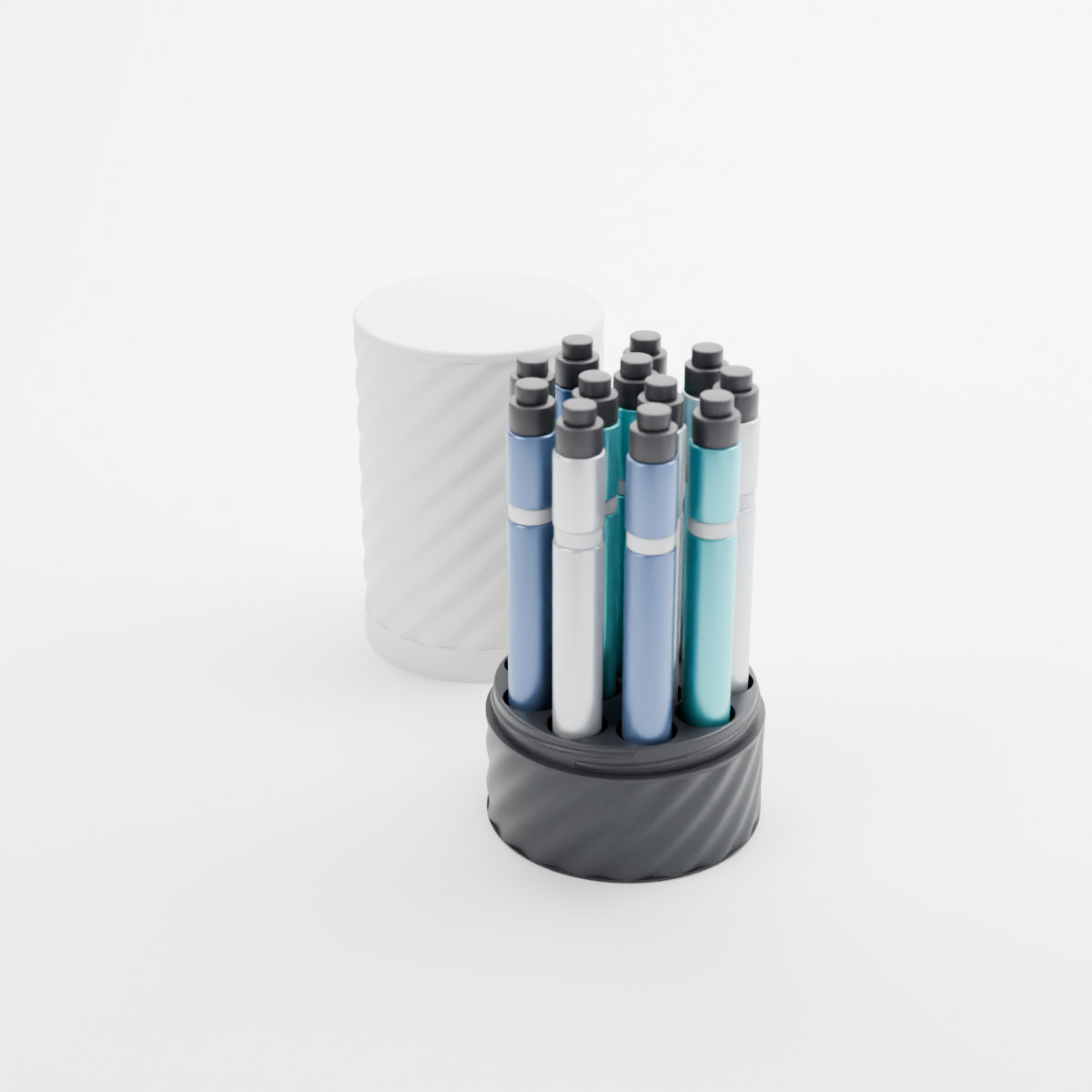 Twist pen storage case in two-tone (white / charcoal) with the cover off, holding 12 injection pens