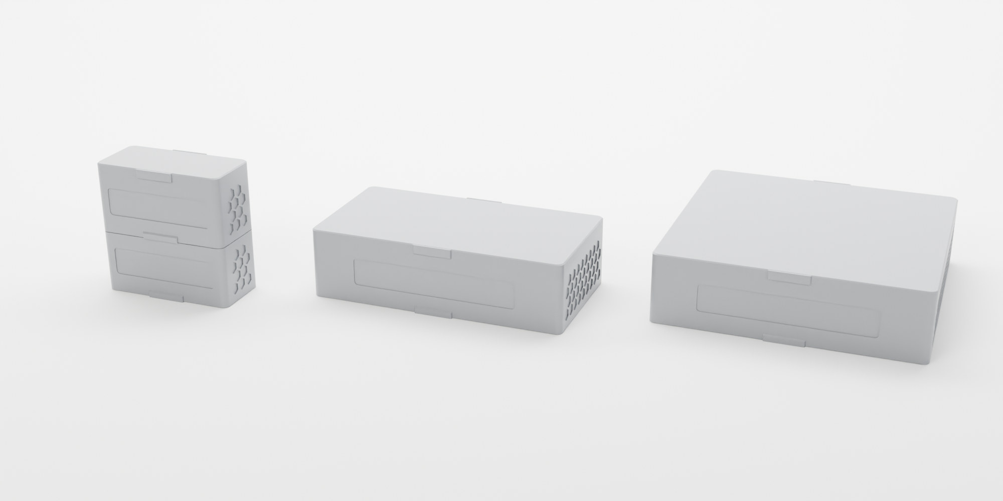Stackable vial trays in three sizes, 10, 50 and 100 vials, Hexagon style, grey