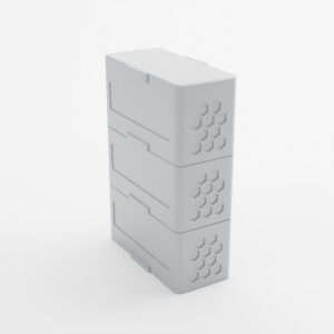 Three stacked 10-vial storage trays with lid, Hexagon style, grey